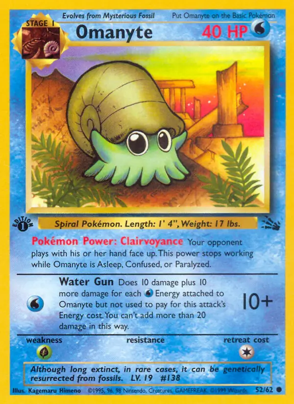 Omanyte Pokemon card from Fossil 1st Edition
