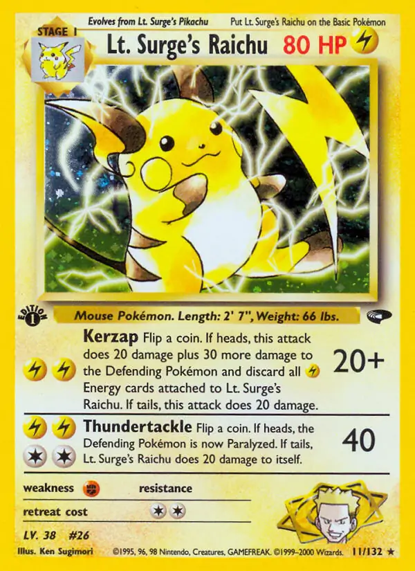 Lt. Surge's Raichu Holo Pokemon card from Gym Challenge 1st Edition