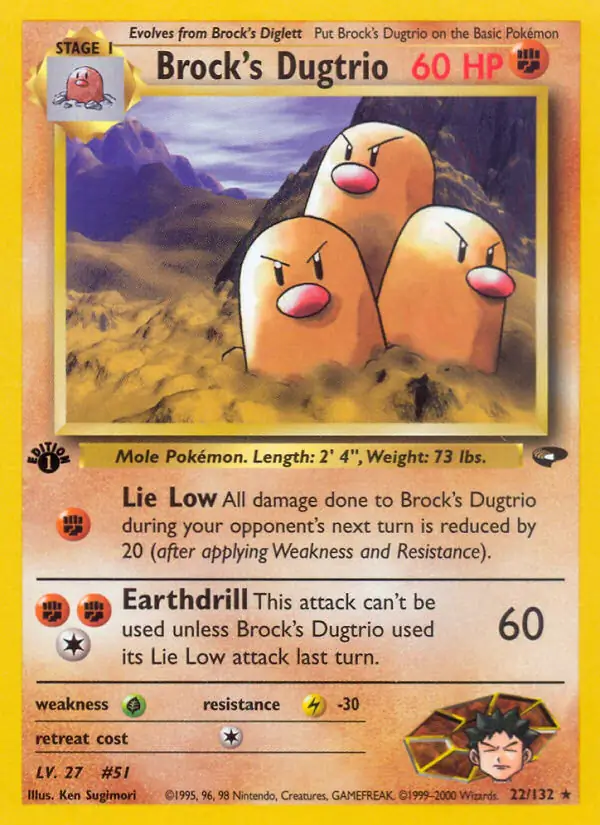 Brock's Dugtrio Pokemon card from Gym Challenge 1st Edition