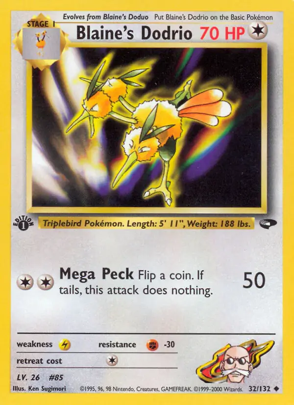 Blaine's Dodrio Pokemon card from Gym Challenge 1st Edition