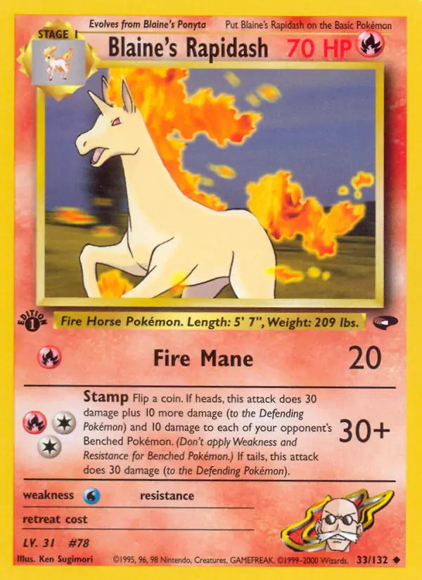 Blaine's Rapidash Pokemon card from Gym Challenge 1st Edition