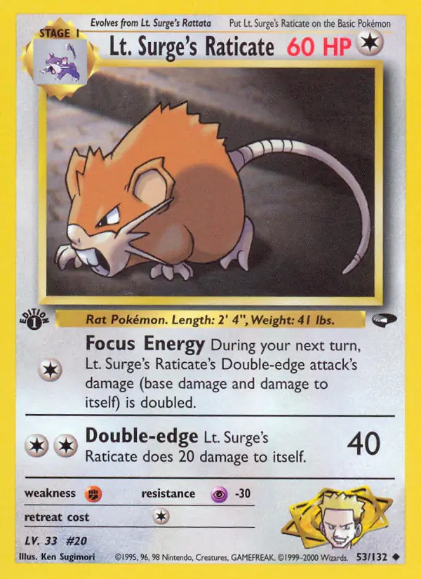 Lt. Surge's Raticate Pokemon card from Gym Challenge 1st Edition