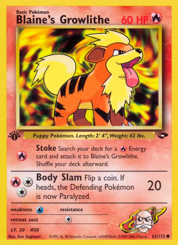 Blaine's Growlithe Pokemon card from Gym Challenge 1st Edition