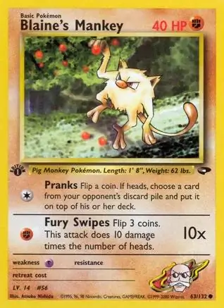Blaine's Mankey Pokemon card from Gym Challenge 1st Edition