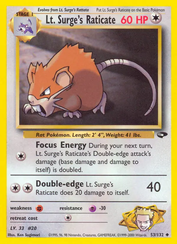 Lt. Surge's Raticate Pokemon card from Gym Challenge