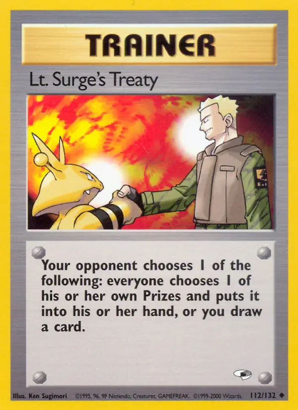 Lt. Surge's Treaty Pokemon card from Gym Heroes