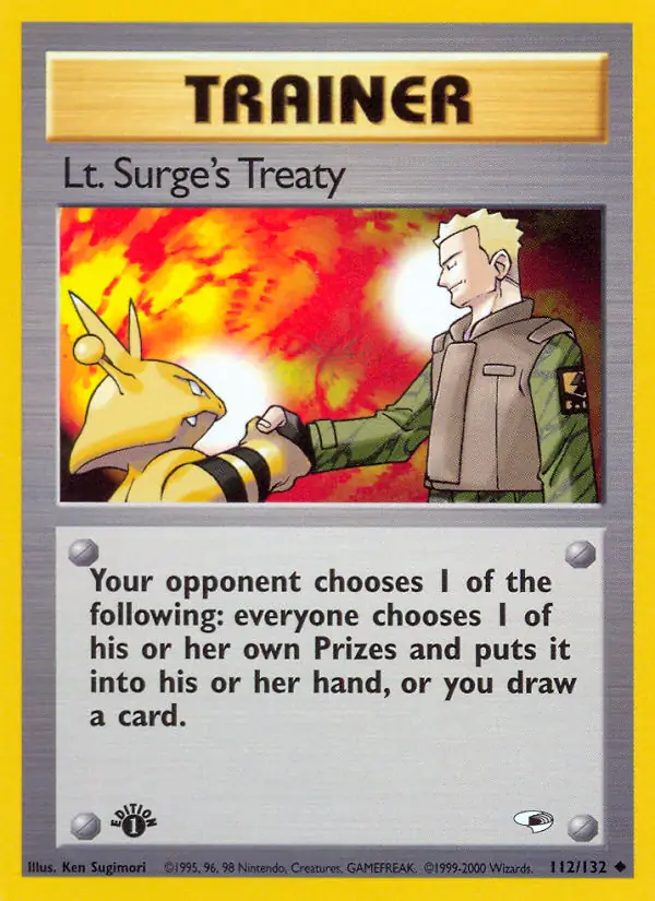 Lt. Surge's Treaty Pokemon card from Gym Heroes 1st Edition