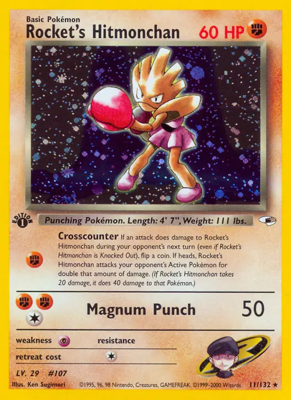 Rocket's Hitmonchan Holo Pokemon card from Gym Heroes 1st Edition