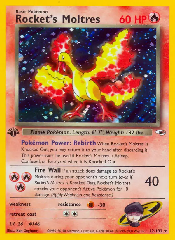 Rocket's Moltres Holo Pokemon card from Gym Heroes 1st Edition