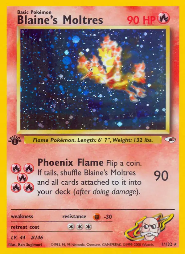 Blaine's Moltres Holo Pokemon card from Gym Heroes 1st Edition
