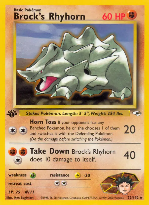Brock's Rhyhorn Pokemon card from Gym Heroes 1st Edition