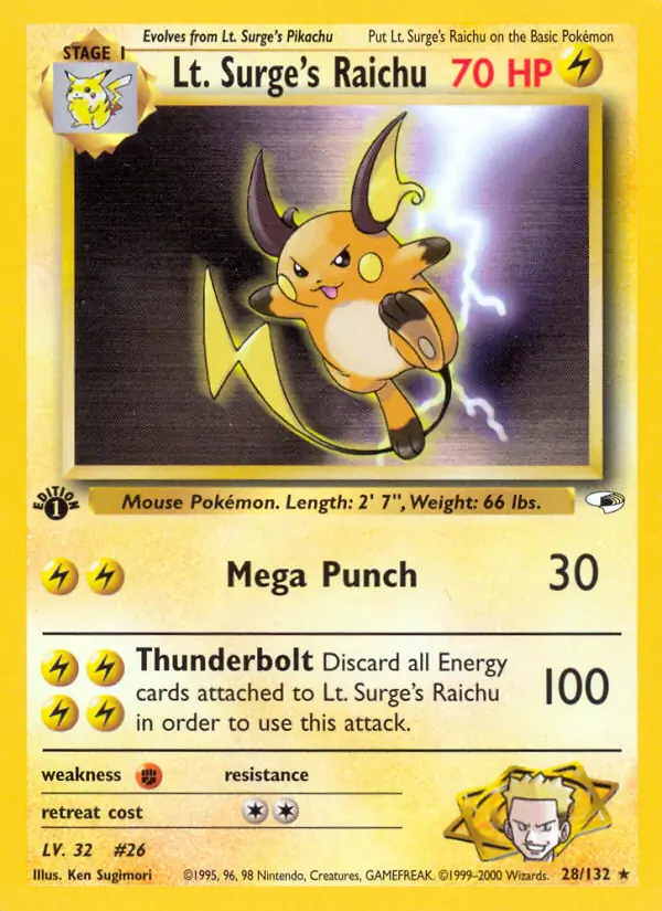 Lt. Surge's Raichu Holo Pokemon card from Gym Heroes 1st Edition