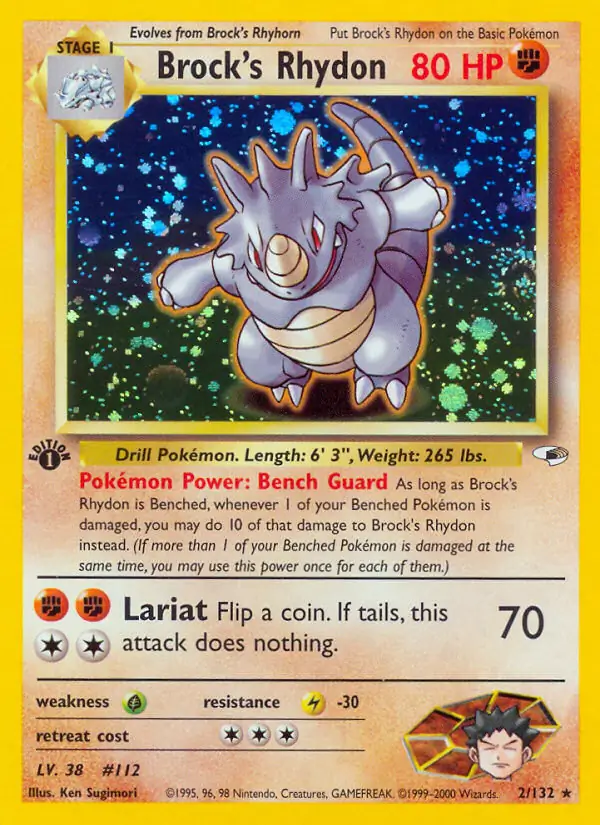 Brock's Rhydon Holo Pokemon card from Gym Heroes 1st Edition
