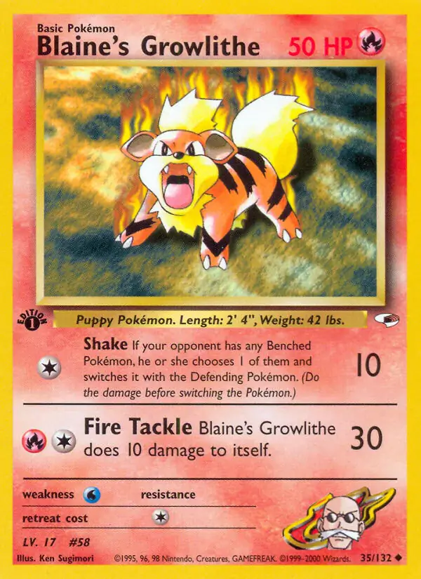 Blaine's Growlithe Pokemon card from Gym Heroes 1st Edition