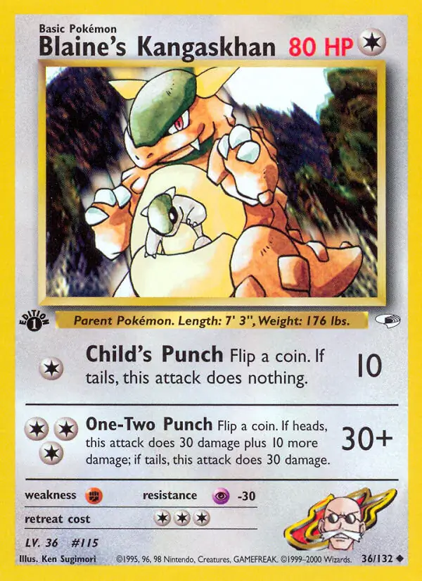 Blaine's Kangaskhan Pokemon card from Gym Heroes 1st Edition