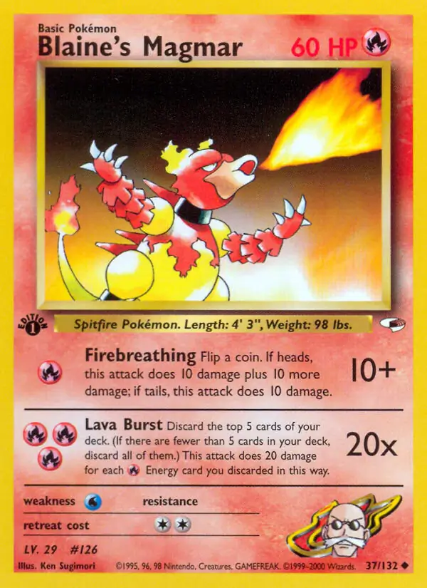 Blaine's Magmar Pokemon card from Gym Heroes 1st Edition