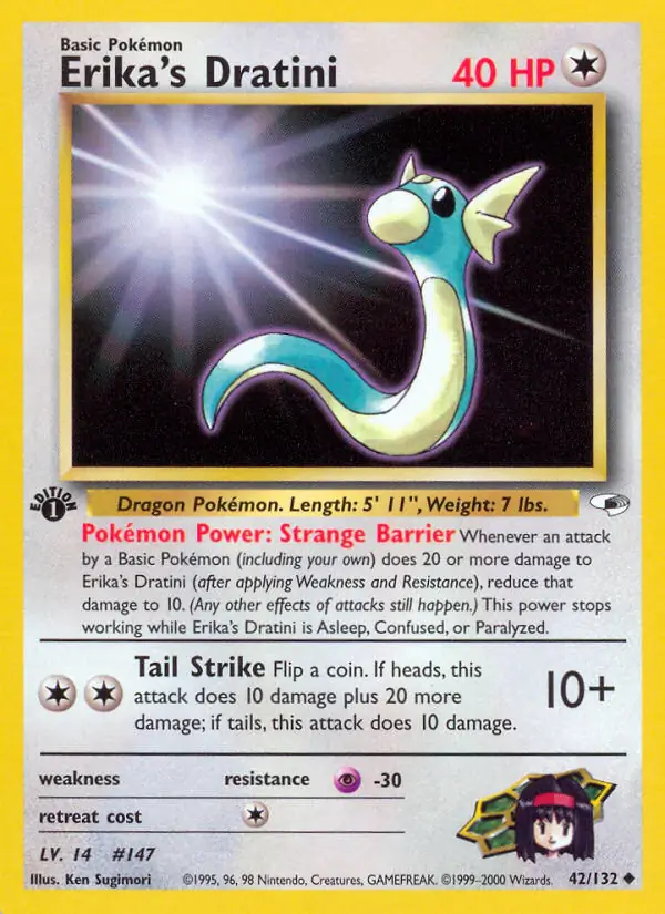 Erika's Dratini Pokemon card from Gym Heroes 1st Edition