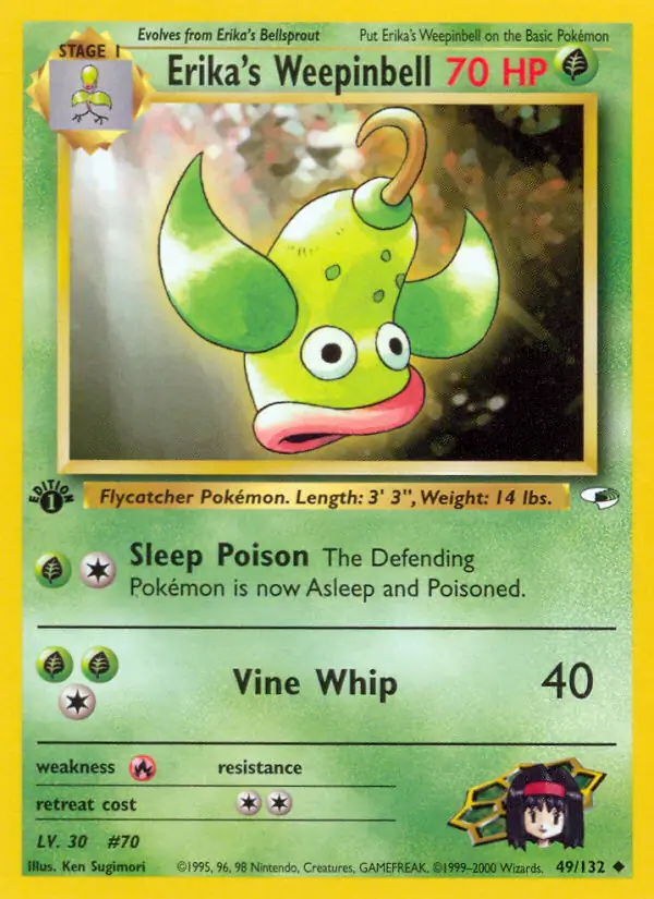 Erika's Weepinbell Pokemon card from Gym Heroes 1st Edition