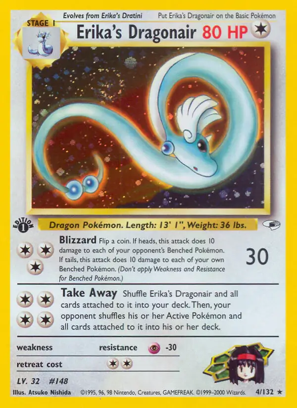 Erika's Dragonair Holo Pokemon card from Gym Heroes 1st Edition