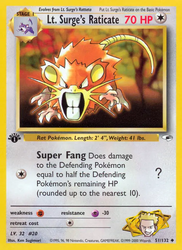 Lt. Surge's Raticate Pokemon card from Gym Heroes 1st Edition