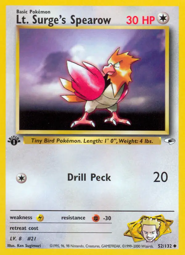 Lt. Surge's Spearow Pokemon card from Gym Heroes 1st Edition