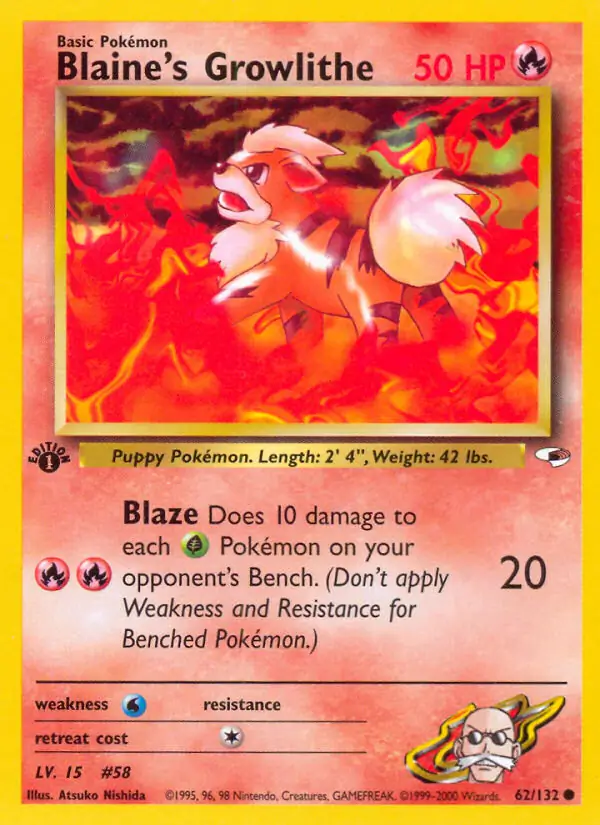 Blaine's Growlithe Pokemon card from Gym Heroes 1st Edition