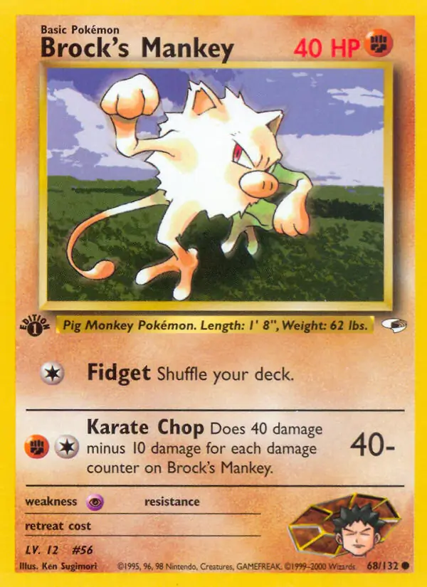 Brock's Mankey Pokemon card from Gym Heroes 1st Edition