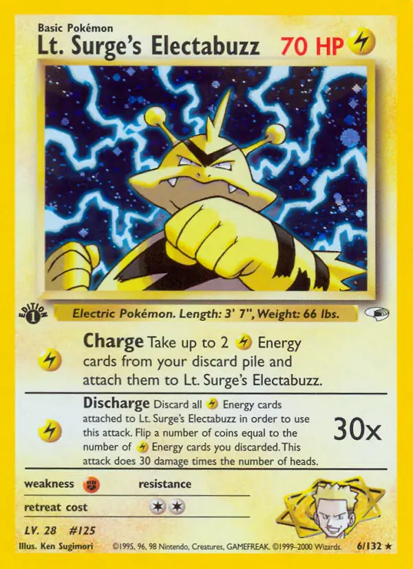 Lt. Surge's Electabuzz Holo Pokemon card from Gym Heroes 1st Edition