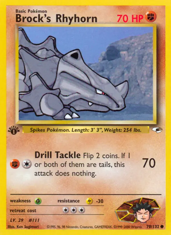 Brock's Rhyhorn Pokemon card from Gym Heroes 1st Edition