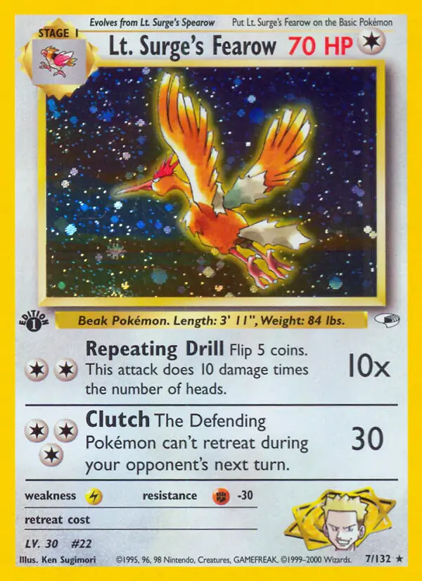 Lt. Surge's Fearow Holo Pokemon card from Gym Heroes 1st Edition