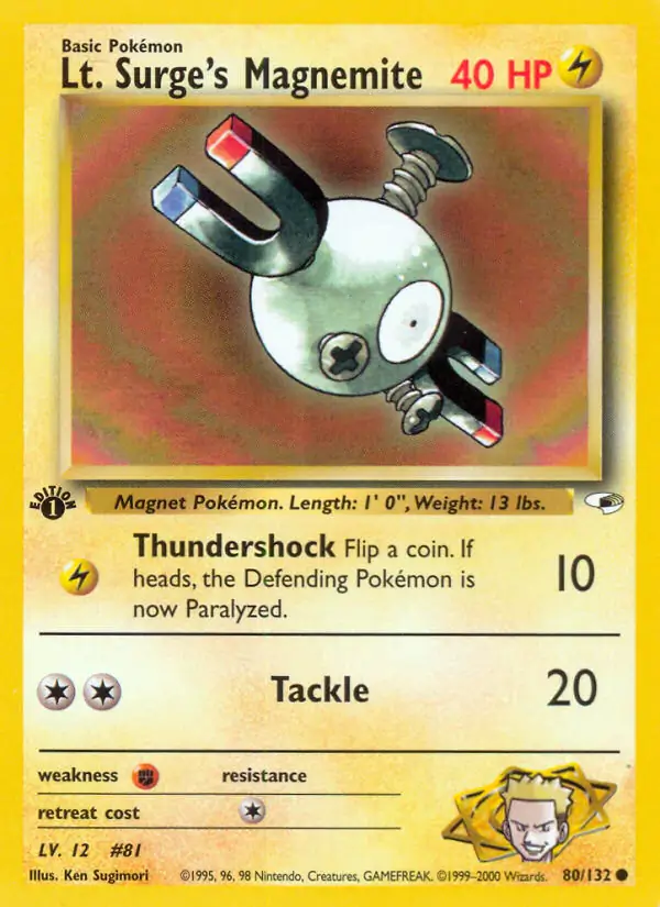 Lt. Surge's Magnemite Pokemon card from Gym Heroes 1st Edition