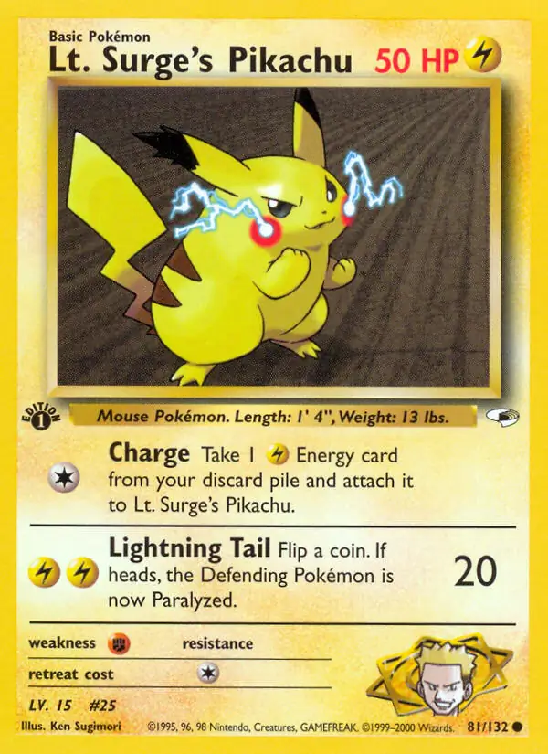 Lt. Surge's Pikachu Pokemon card from Gym Heroes 1st Edition