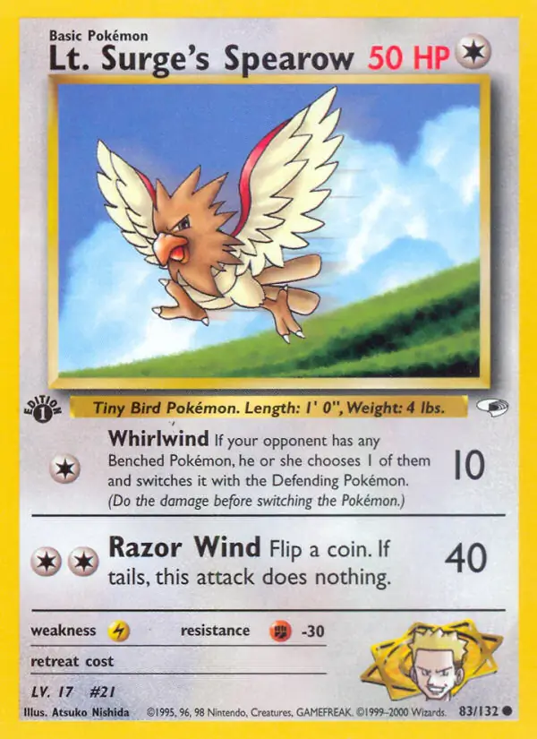 Lt. Surge's Spearow Pokemon card from Gym Heroes 1st Edition