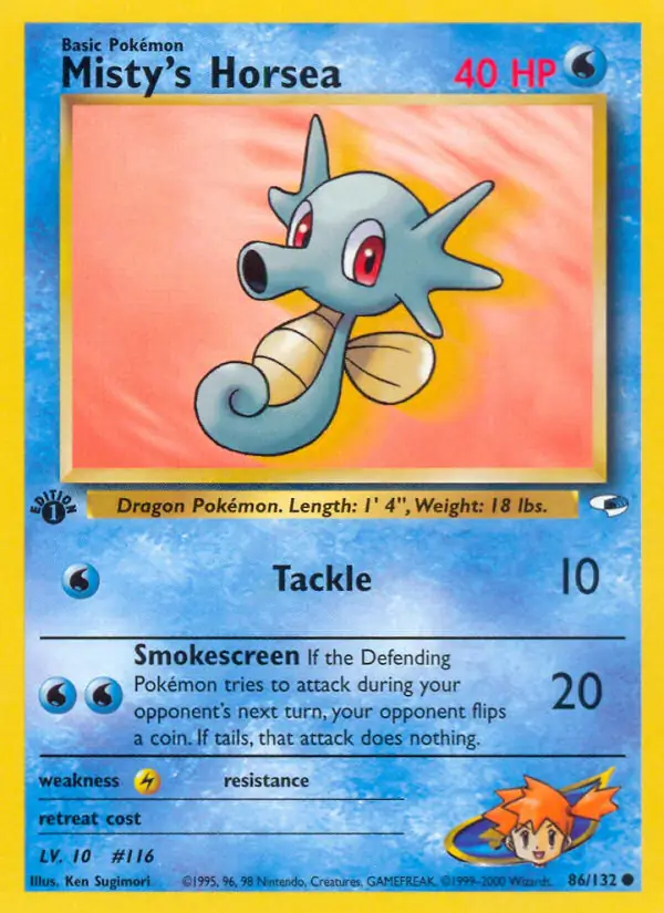 Misty's Horsea Pokemon card from Gym Heroes 1st Edition