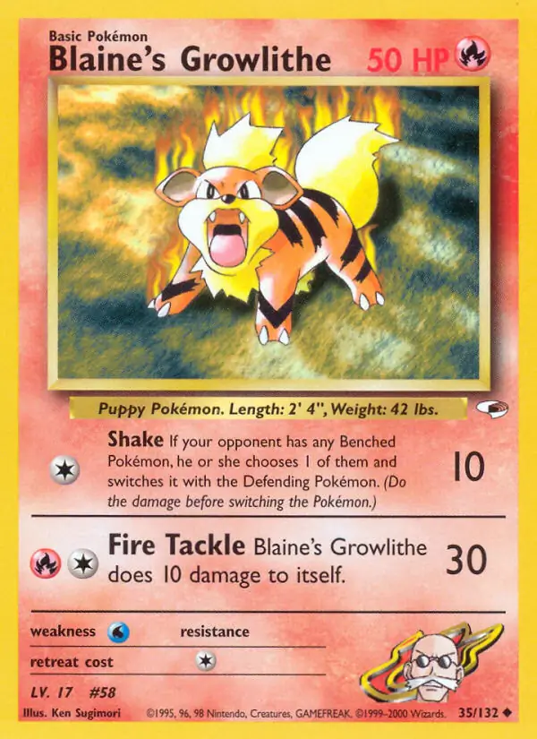 Blaine's Growlithe Pokemon card from Gym Heroes