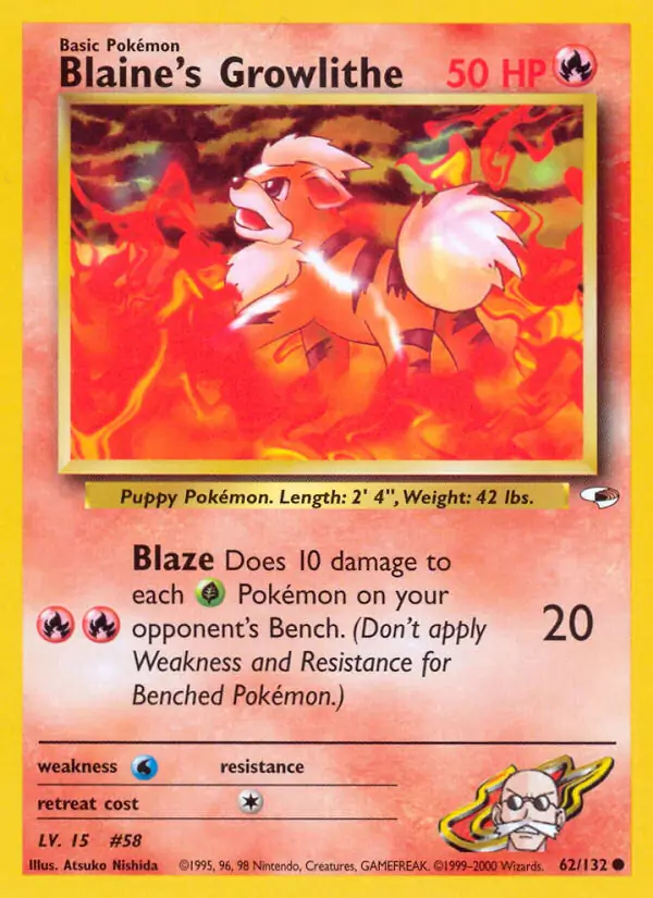 Blaine's Growlithe Pokemon card from Gym Heroes