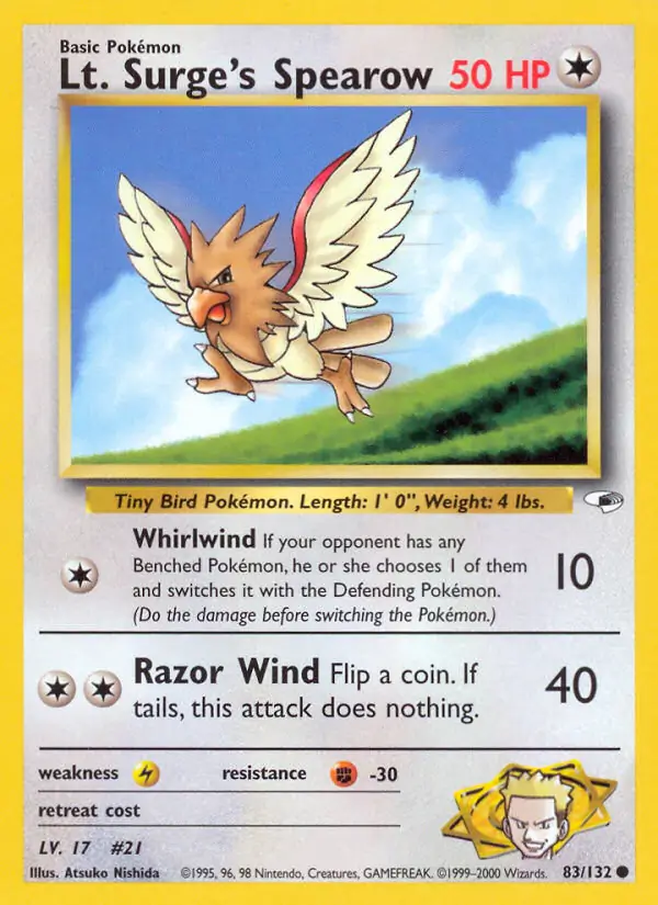 Lt. Surge's Spearow Pokemon card from Gym Heroes