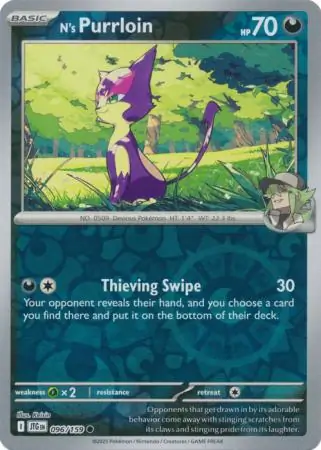 N's Purrloin Reverse Holo Pokemon card from Journey Together