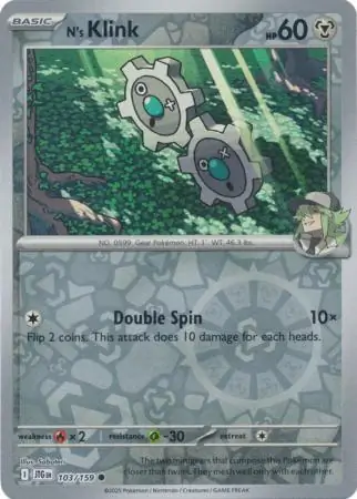 N's Klink Reverse Holo Pokemon card from Journey Together