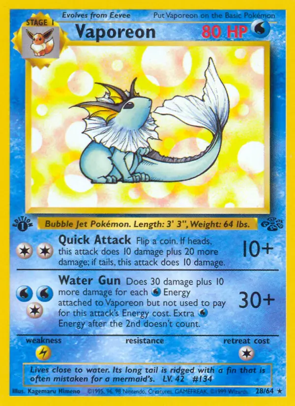 Vaporeon Pokemon card from Jungle 1st Edition