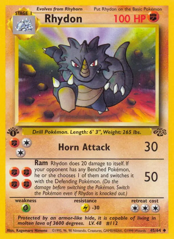 Rhydon Pokemon card from Jungle 1st Edition