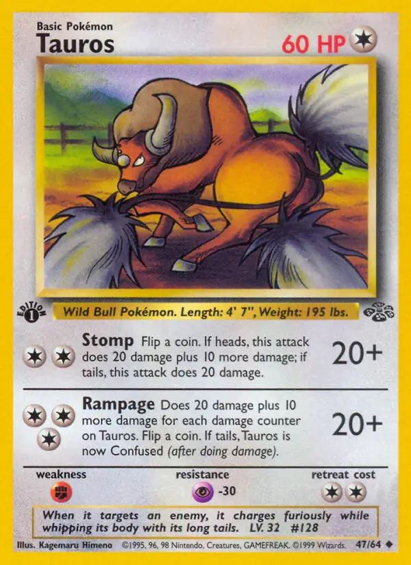 Tauros Pokemon card from Jungle 1st Edition