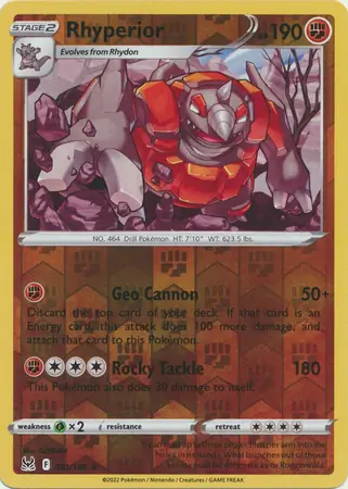 Rhyperior Reverse Holo Pokemon card from Lost Origin