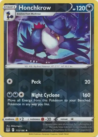 Honchkrow Reverse Holo Pokemon card from Lost Origin