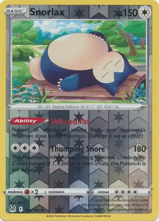 Snorlax Reverse Holo Pokemon card from Lost Origin