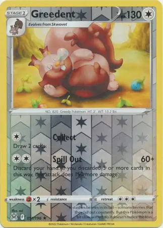 Greedent Reverse Holo Pokemon card from Lost Origin