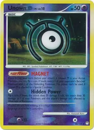 Unown M Reverse Holo Pokemon card from Mysterious Treasures