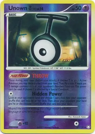 Unown T Reverse Holo Pokemon card from Mysterious Treasures