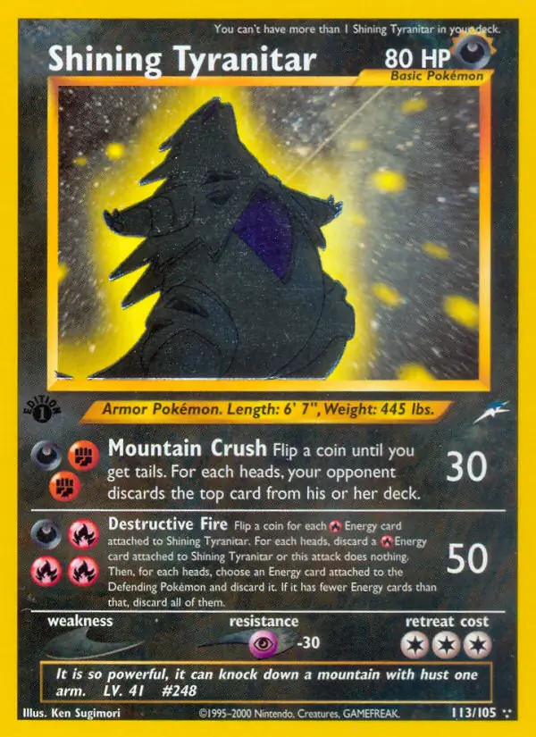 Shining Tyranitar Pokemon card from Neo Destiny 1st Edition