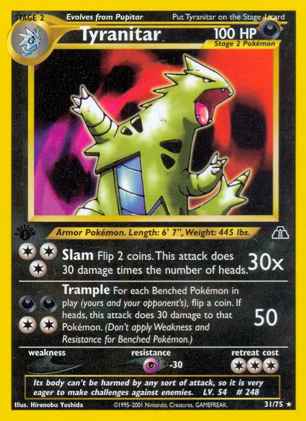 Tyranitar Pokemon card from Neo Discovery 1st Edition